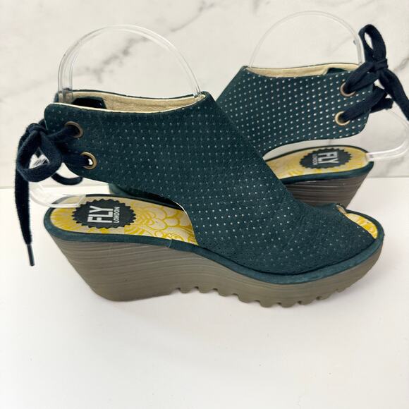 Fly London Womens Perforated Peep Toe Wedge Size 36 / 5.5-6 Suede Leather Blue - Picture 4 of 10